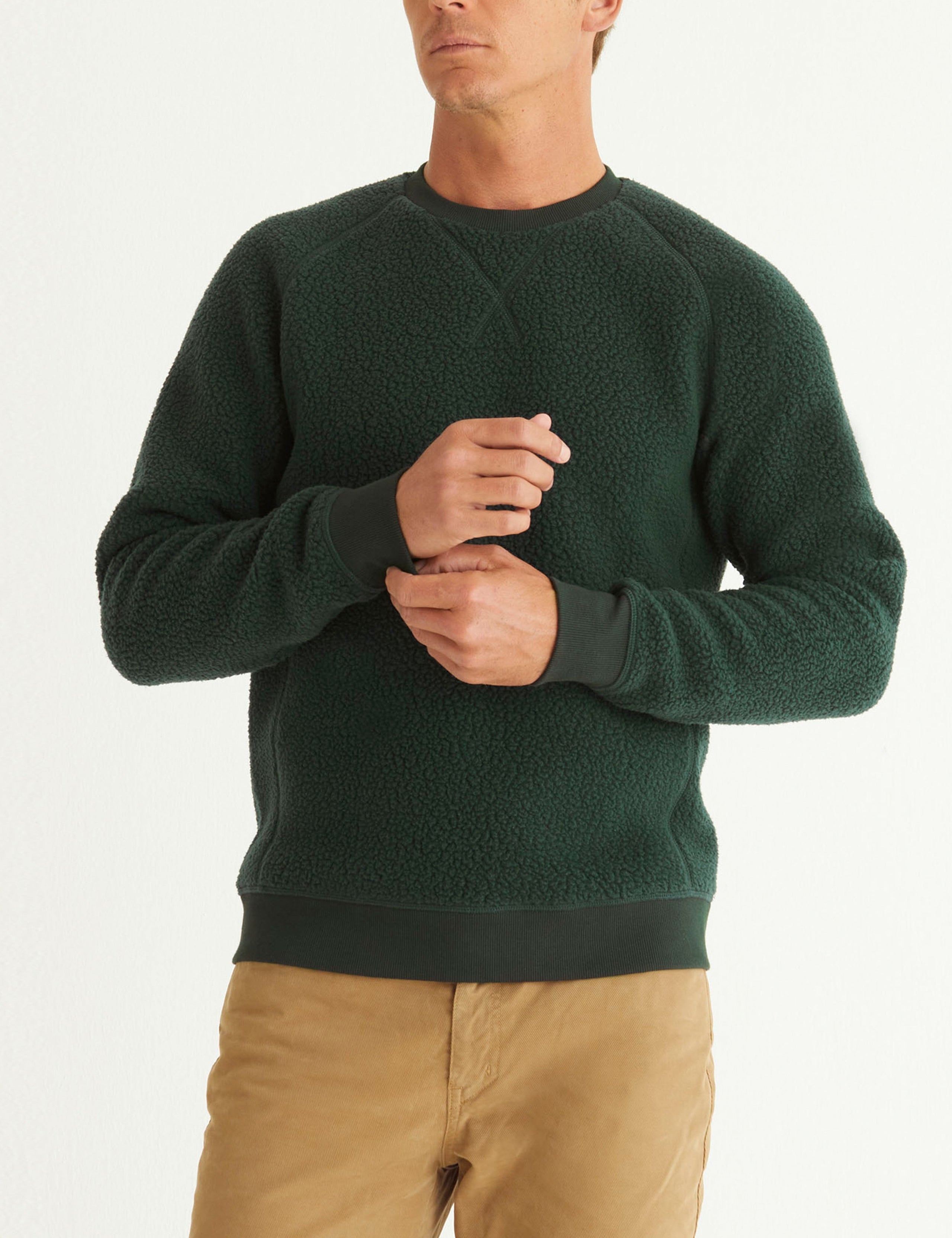 man wearing green fleece sweater