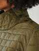 close up of snaps on quilted green pullover