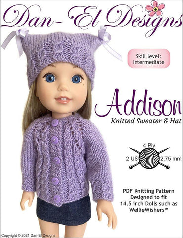 Dan-El Designs WellieWishers Addison Knitted Sweater and Hat 14.5" Doll Knitting Pattern larougetdelisle