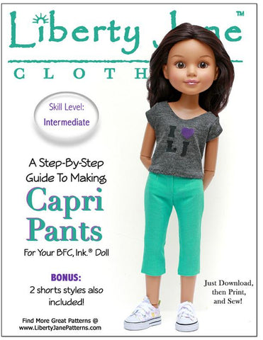 Liberty Jane BFC Ink Capri and Shorts Pattern for BFC, Ink. Dolls larougetdelisle