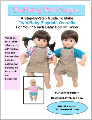 Jen Ashley Doll Designs Bitty Baby/Twin Twin Baby Playdate Overalls 15" Baby Doll Clothes Pattern larougetdelisle