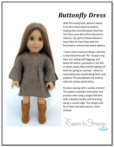 Seams to Streams 18 Inch Modern Buttonfly Dress 18" Doll Clothes Pattern larougetdelisle