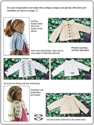 Crabapples Knitting Eyelet Cable Cardigan 18" Doll Clothes Knitting Pattern larougetdelisle