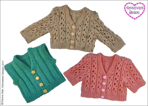 Genniewren Knitting Eyelet Rib Cardigan 18" Doll Knitting Pattern larougetdelisle