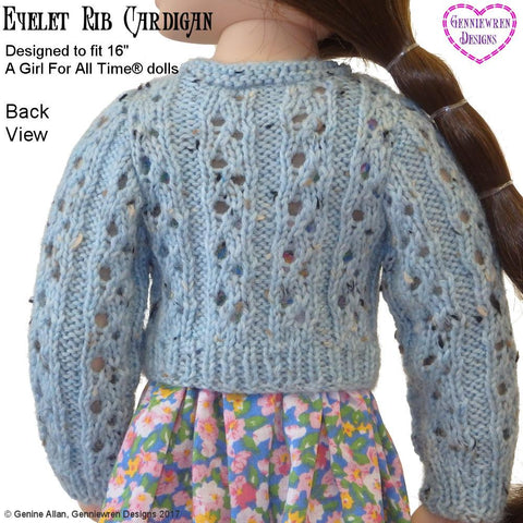 Genniewren A Girl For All Time Eyelet Rib Cardigan Knitting Pattern for AGAT Dolls larougetdelisle
