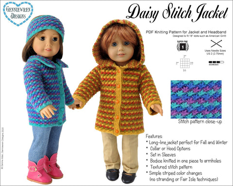 Genniewren Knitting Daisy Stitch Jacket 18" Doll Clothes Knitting Pattern larougetdelisle