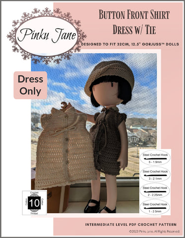 Pinku Jane Gorjuss Button Front Shirt Dress Crochet Pattern For 12.5" Gorjuss Dolls larougetdelisle