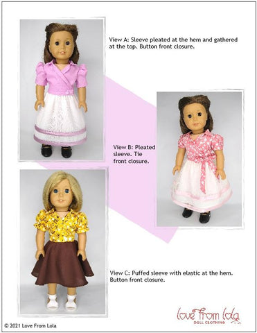 Love From Lola 18 Inch Historical Bobbie Wrap Shirt and Skirt 18" Doll Clothes Pattern larougetdelisle