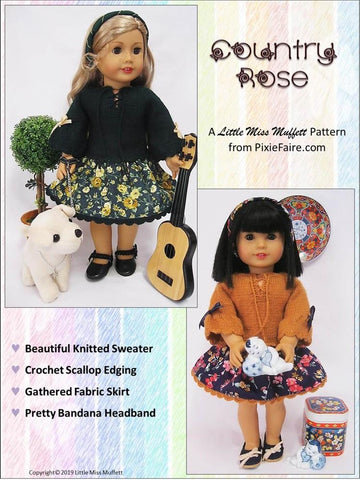 Little Miss Muffett Knitting Country Rose Dress Knitting and Sewing 18" Doll Clothes Pattern larougetdelisle