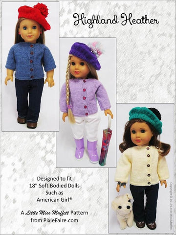 Little Miss Muffett Knitting Highland Heather Jacket and Tam 18" Doll Knitting Pattern larougetdelisle