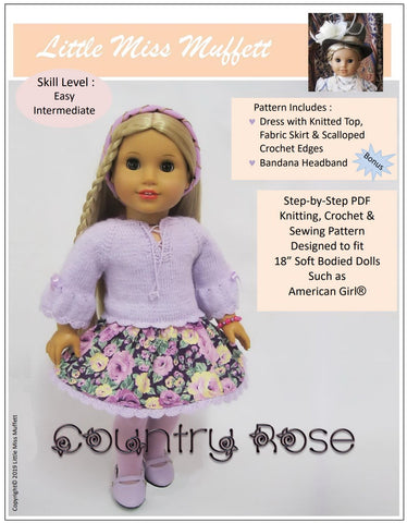 Little Miss Muffett Knitting Country Rose Dress Knitting and Sewing 18" Doll Clothes Pattern larougetdelisle