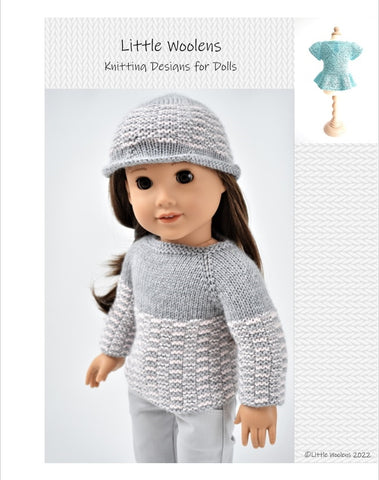 Little Woolens Designs Knitting Ridge & Furrow Sweater and Hat 18" Doll Clothes Knitting Pattern larougetdelisle