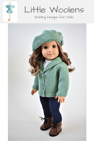 Little Woolens Designs Knitting Shawl Collar Cardigan and Beret 18" Doll Clothes Knitting Pattern larougetdelisle