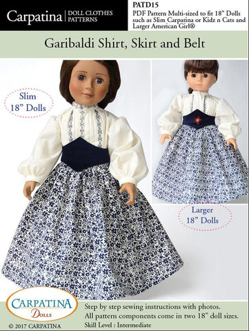 Carpatina Dolls 18 Inch Historical Garibaldi Shirt, Skirt and Belt Multi-sized Pattern for Regular and Slim 18" Dolls larougetdelisle