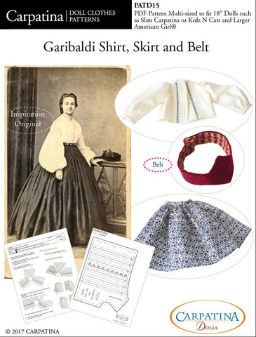 Carpatina Dolls 18 Inch Historical Garibaldi Shirt, Skirt and Belt Multi-sized Pattern for Regular and Slim 18" Dolls larougetdelisle