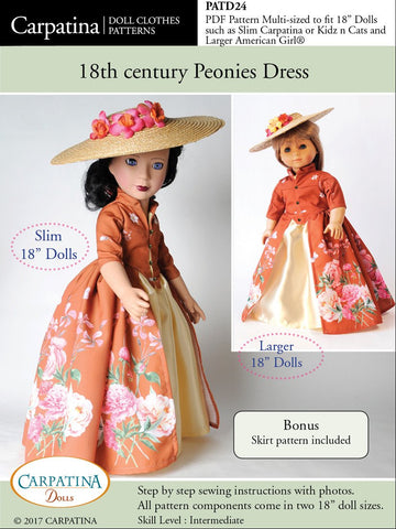 Carpatina Dolls 18 Inch Historical 18th Century Peonies Dress Multi-sized Pattern for Regular and Slim 18" Dolls larougetdelisle