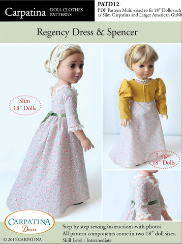 Carpatina Dolls 18 Inch Historical 1810 - 1815 Regency Dress and Spencer Multi-sized Pattern for Regular and Slim 18" Dolls larougetdelisle