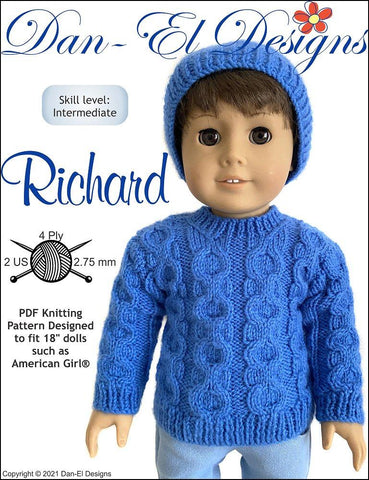 Dan-El Designs Knitting Richard Sweater & Beanie 18" Doll Clothes Knitting Pattern Pixie Faire