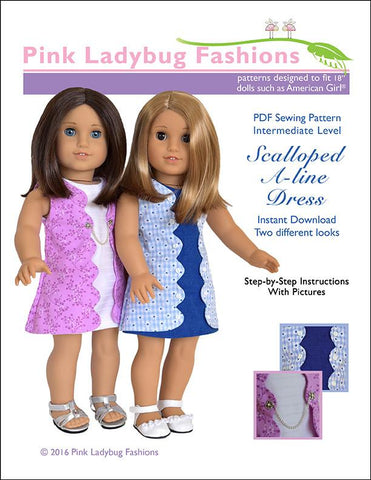 Pink Ladybug 18 Inch Modern Scalloped A-line Dress 18" Doll Clothes Pattern larougetdelisle