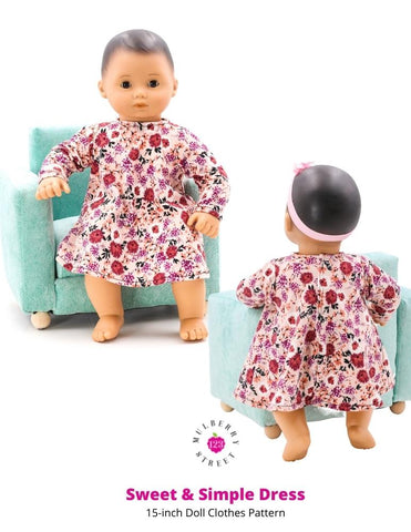 123 Mulberry Street Bitty Baby/Twin Sweet & Simple Dress 15" Baby Doll Clothes Pattern larougetdelisle