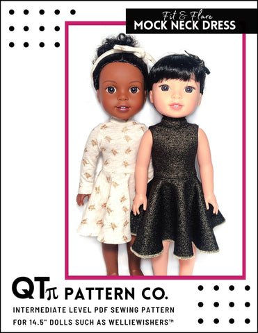 QTπ Pattern Co WellieWishers Fit & Flare Mock Neck Dress 14.5" Doll Clothes Pattern larougetdelisle