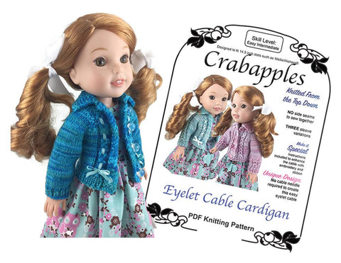 Crabapples WellieWishers Eyelet Cable Cardigan 14.5 Inch Doll Clothes Knitting Pattern larougetdelisle