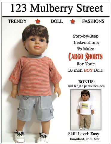 123 Mulberry Street 18 Inch Boy Doll Boy Doll Cargo Shorts 18" Doll Clothes Pattern larougetdelisle