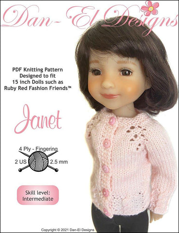 Dan-El Designs Ruby Red Fashion Friends Janet Cardigan Sweater 15" Doll Knitting Pattern Fits Ruby Red Fashion Friends larougetdelisle