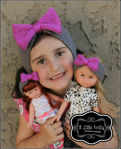 A Little Knitty Knitting Olivia Earwarmer with Bow Pattern for Girls and Les Cheries Dolls larougetdelisle