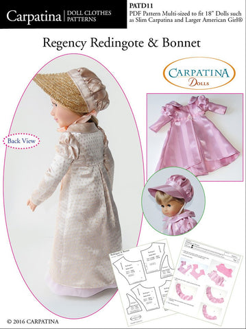 Carpatina Dolls 18 Inch Historical 1810's Regency Redingote and Bonett Multi-sized Pattern for Regular and Slim 18" Dolls larougetdelisle