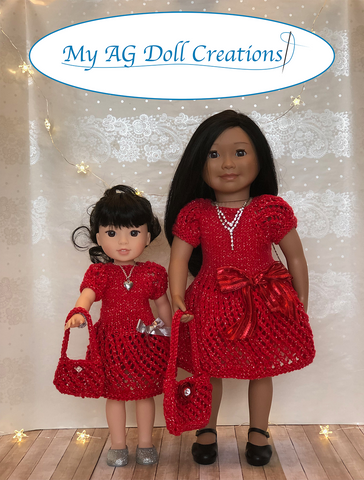 My AG Doll Creations WellieWishers Mita's Party Dress & Sweater Combo Knitting Pattern for 14-14.5" Dolls larougetdelisle
