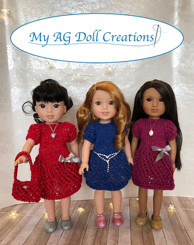My AG Doll Creations WellieWishers Mita's Party Dress & Sweater Combo Knitting Pattern for 14-14.5" Dolls larougetdelisle