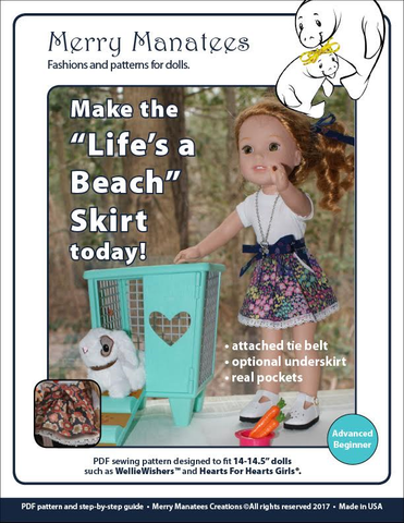 Merry Manatees WellieWishers Life's a Beach Skirt 14.5" Doll Clothes Pattern larougetdelisle