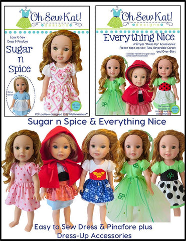 Oh Sew Kat WellieWishers Sugar n Spice & Everything Nice Dress & Pinafore with Dress Up Accessories 14.5" Doll Clothes Pattern larougetdelisle