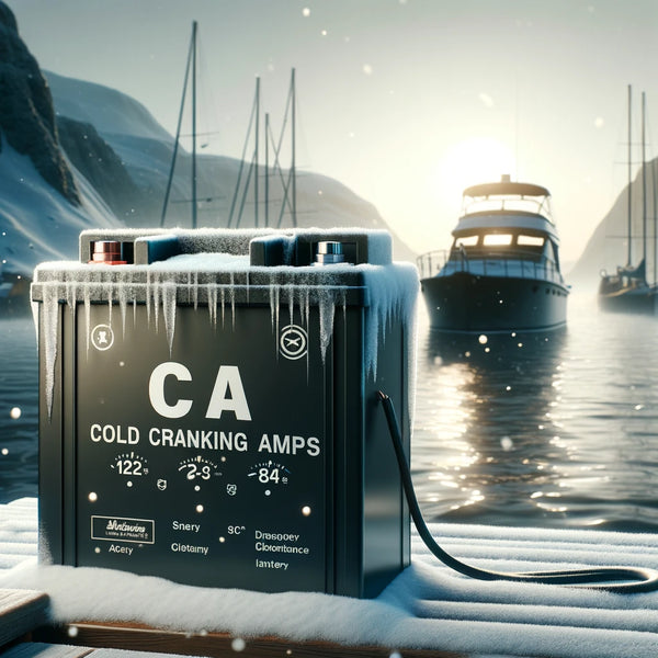 A marine battery showcased in a snowy marine environment, highlighting its Cold Cranking Amps rating for reliable engine starts in cold temperatures, demonstrating the battery's durability and reliability.