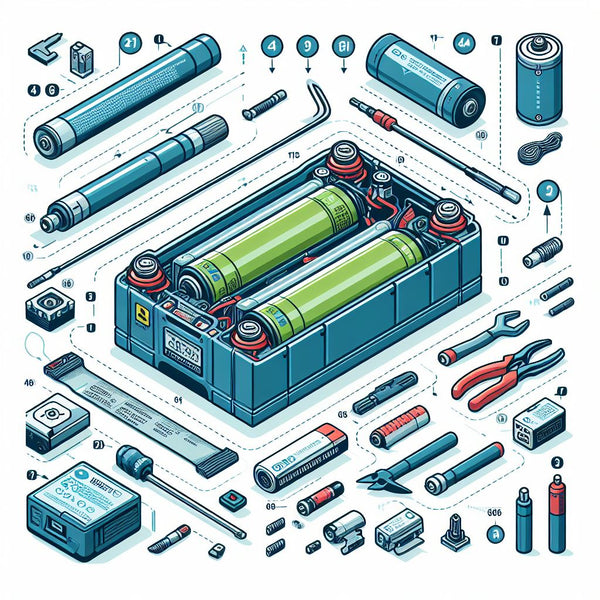 An intricate diagram showcasing the internal structure of a battery pack, including individual cells, connections, management system, and protective circuitry, annotated with detailed labels and specifications for educational purposes.