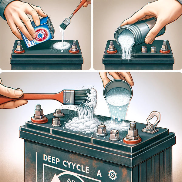 A step-by-step illustration showcasing the removal of corrosion from a deep cycle marine battery's terminals using a baking soda and water mixture. A person is depicted applying the mixture with a brush to the battery terminals, highlighting the effervescent reaction that aids in cleaning off the corrosion.