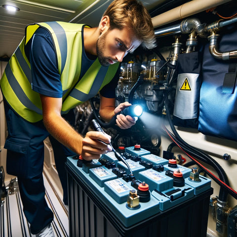 Technician inspecting a deep cycle marine battery in a boat's engine room, highlighting regular health checks for safe sailing