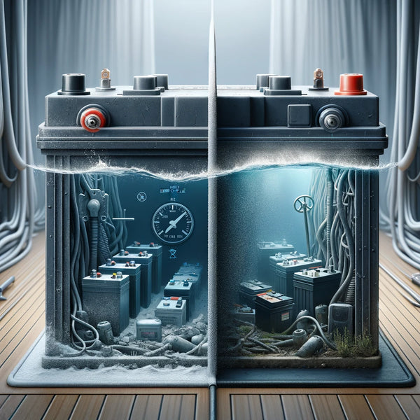 Contrasting view of a well-maintained versus neglected deep cycle marine battery, emphasizing the significance of proper care in a boating setting.