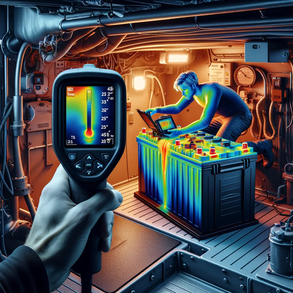 Technician using thermal imaging to monitor the temperature of a deep cycle marine battery in a boat's engine room, highlighting the importance of temperature management for battery safety.