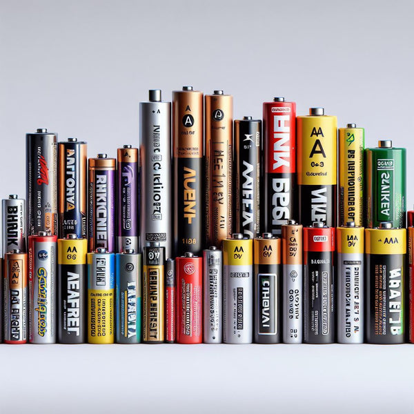 An array of various types of batteries lined up against a white background for a clear comparison, showcasing different sizes and capacities for multiple applications.