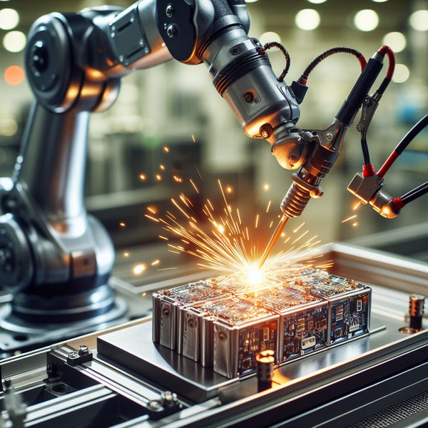 A detailed image showcasing a robotic arm equipped with a spot welding tool, meticulously working on assembling a lithium iron phosphate (LiFePO4) battery pack, highlighting the precision and technology involved in modern battery manufacturing.