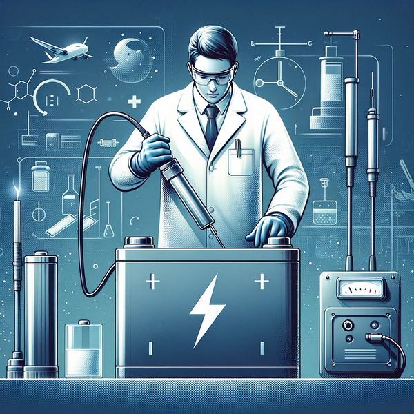 Technician in lab coat safely charging a lithium battery in a lab setting.