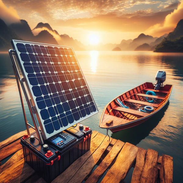 A serene image of a boat floating on a calm lake, equipped with a solar panel neatly installed on its deck, efficiently charging a deep cycle marine battery, embodying the harmonious blend of renewable energy and recreational marine activities.