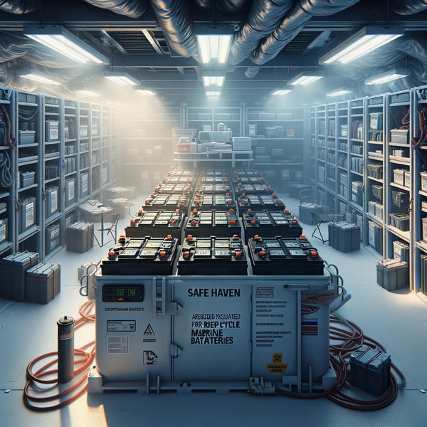 Organized and insulated storage area for deep cycle marine batteries, showcasing best practices in battery preservation and safety in a clean, ventilated environment.