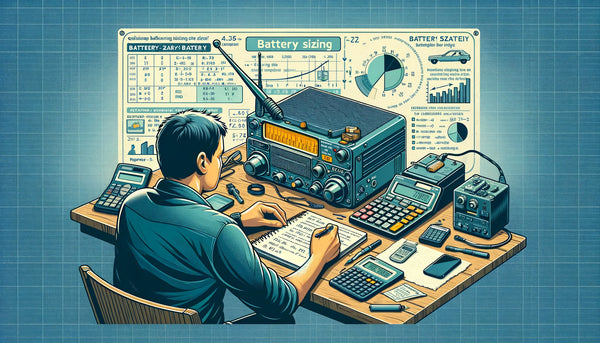 Illustration of Tech Prepper calculating battery size for radios with a notepad, calculator, and technical diagrams.