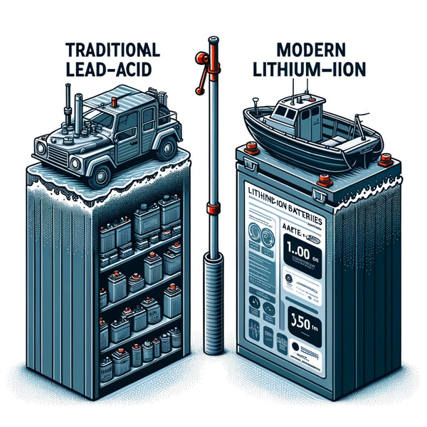 Graphic comparison of traditional lead-acid and modern lithium-ion marine batteries, highlighting the technological shift.