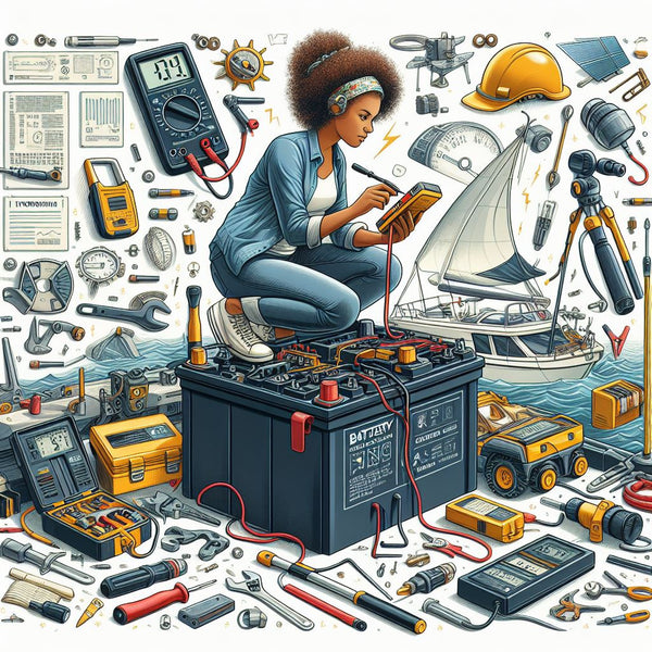 woman working on deep cycle batteries with tool and applications in the background