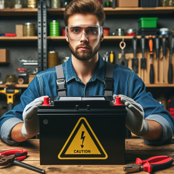 man with safety glasses showing a deep cycle battery in a workshop