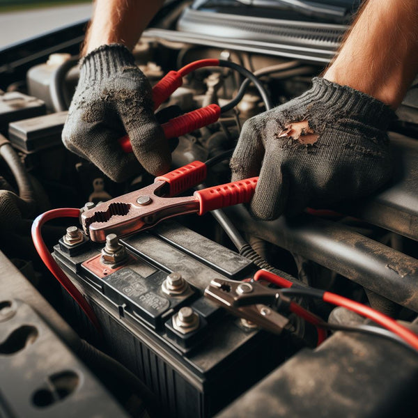 starter battery in vehicle with mechanic working on charging it